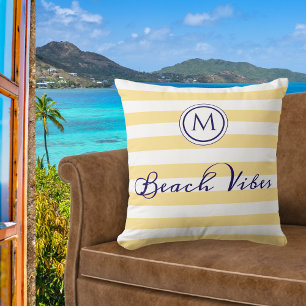 Beach Vibes Yellow Stripe Monogrammed Summer Cushion