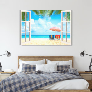 Beach View Fake Window Home Office Canvas Print