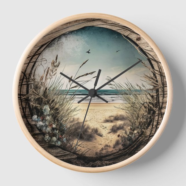 Beach View Rustic Wall Clock (Front)