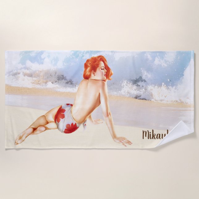 Beach Vintage Redhead Pinup Girl and Ocean Towel (Front)