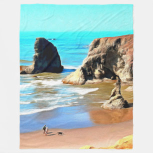 Beach Walk with Dog at Bandon Face Rock Fleece Blanket