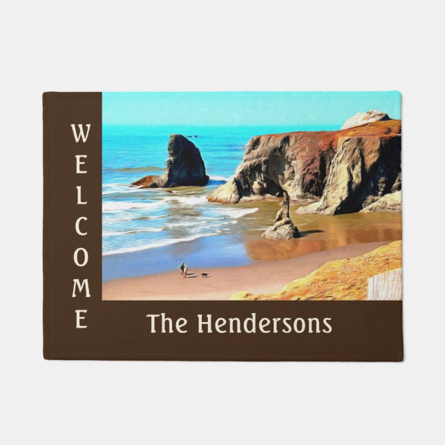 Beach Walk with Dog at Bandon Face Rock Welcome Doormat (Front)