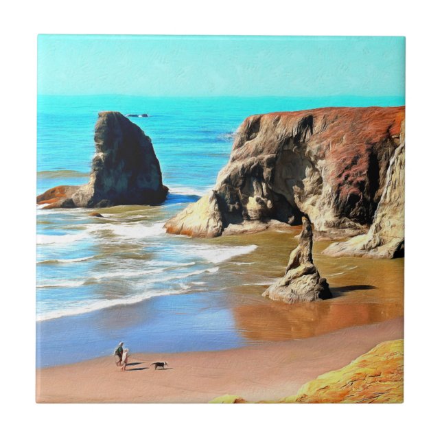 Beach Walk with Dog at Face Rock Park in Bandon Ceramic Tile (Front)