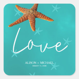 Beach water blue turquoise love starfish wedding square sticker