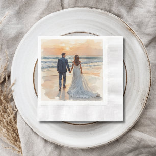 Beach Watercolor Bride & Groom Painted Wedding Napkin