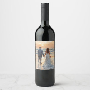 Beach Watercolor Bride & Groom Painted Wedding Wine Label