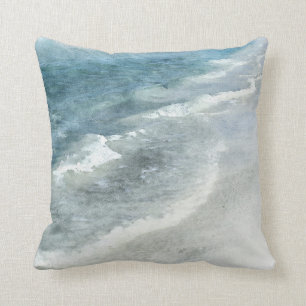 Beach Watercolor - Coastal Teal Dark Blue Waves Cushion