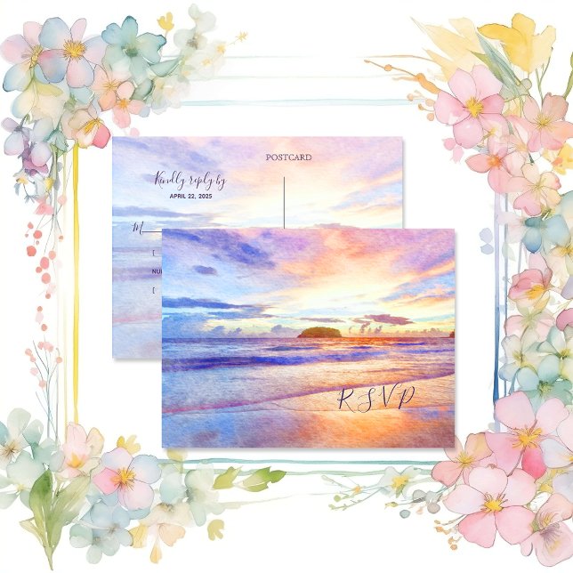 Beach Watercolor Pink Sunrise RSVP Invitation Postcard (Creator Uploaded)