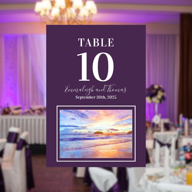Beach Watercolor Pink Sunrise Wedding Table Number (Creator Uploaded)