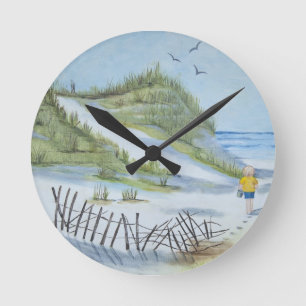 Beach watercolor round clock