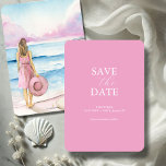 Beach Watercolor Save The Dates Save The Date<br><div class="desc">Announce your event with this non-photo save the date card. It features a mix of classic and script typography in white over a solid pink background. The card reverses to a watercolor beach scene with with a woman standing by the shoreline holding a beach hat ocean. Use the template fields...</div>