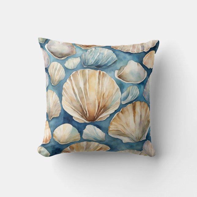 Beach Watercolor SeaShells Blue Beige Coastal Cushion (Front)