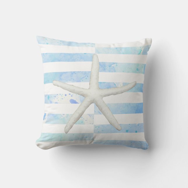 Beach Watercolor Starfish Wide Striped Blue White Cushion (Front)