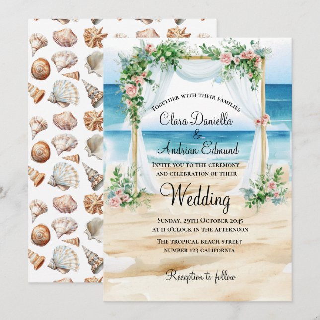 Beach Watercolor Wedding Invitation  (Front/Back)