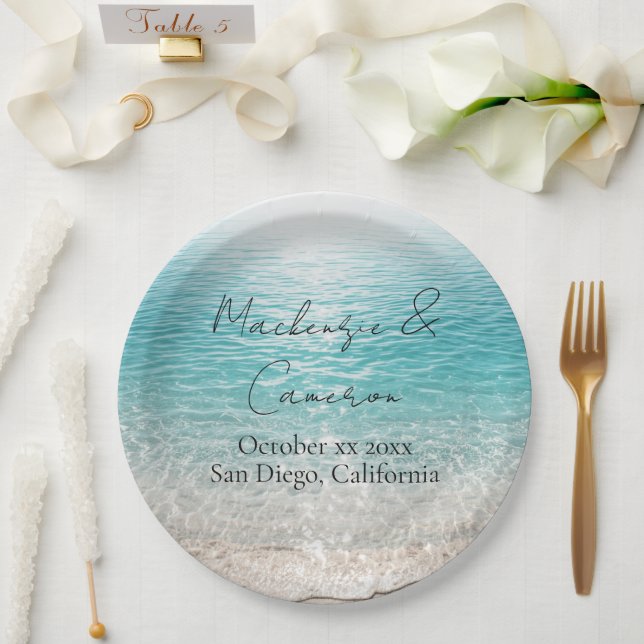 Beach Waves & Clear Water Tropical Custom Name Paper Plate (Wedding)