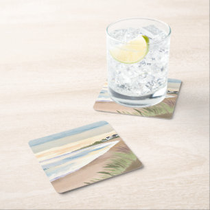 Beach Waves   Coastal Ocean Watercolor Square Paper Coaster