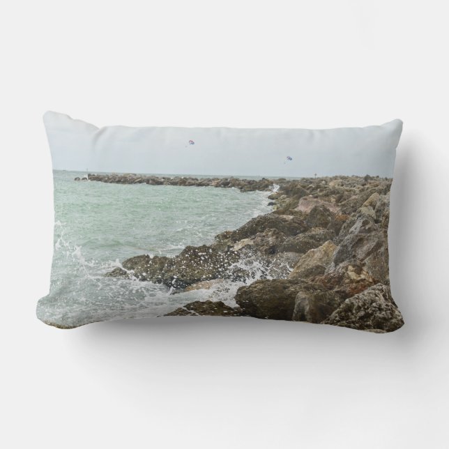 Beach Waves Crashing On Rocks Lumbar Cushion (Front)