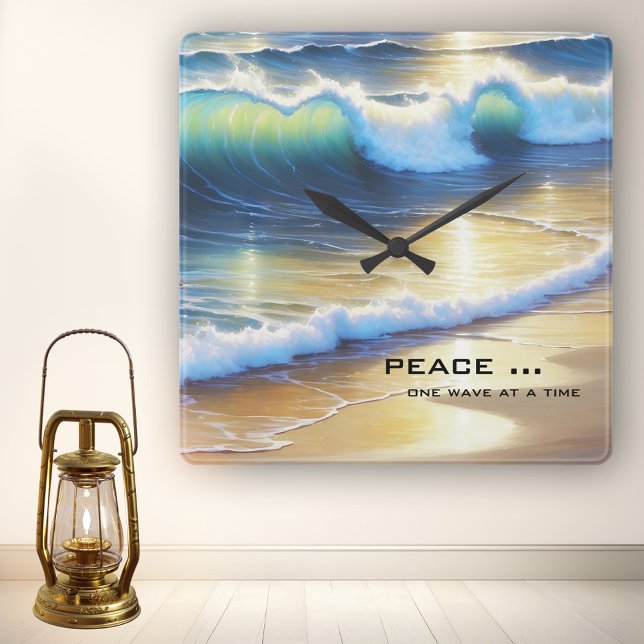 Beach Waves Dream Time Square Wall Clock (Wall clock featuring a peaceful painting of a wave on the beach in the sun.)