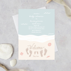 Beach Waves Footprints Pink Girl Baby Shower Invitation