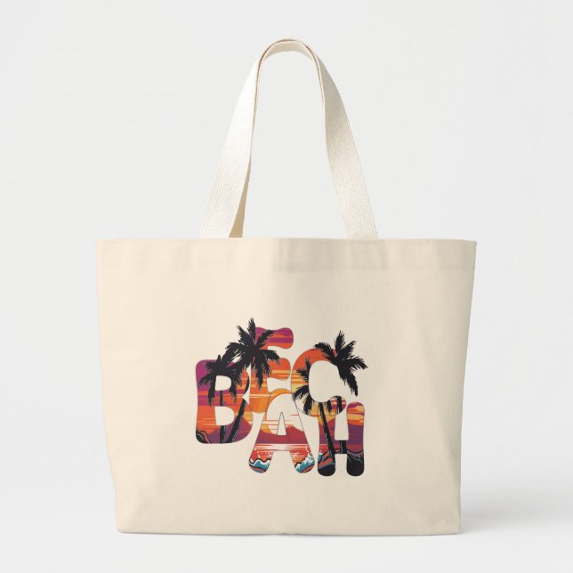 Beach Waves Palm Trees Large Tote Bag (Front)