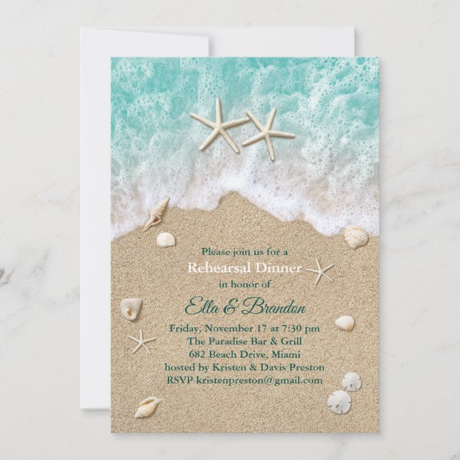Beach Waves & Starfish Rehearsal Dinner Invitation (Front)