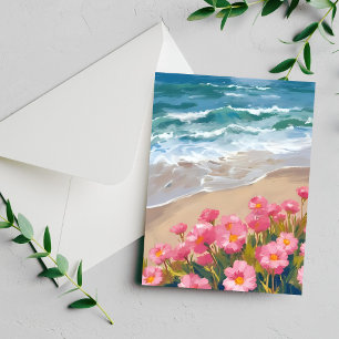 Beach Waves Watercolor Pink Floral Painting Card