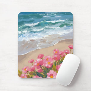 Beach Waves Watercolor Pink Floral Shore Painting Mouse Pad