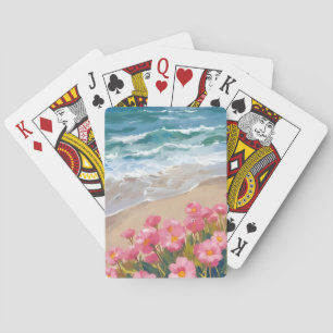 Beach Waves Watercolor Pink Floral Shore Painting Playing Cards