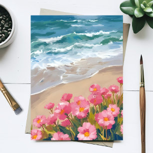 Beach Waves Watercolor Pink Floral Shore Painting Postcard