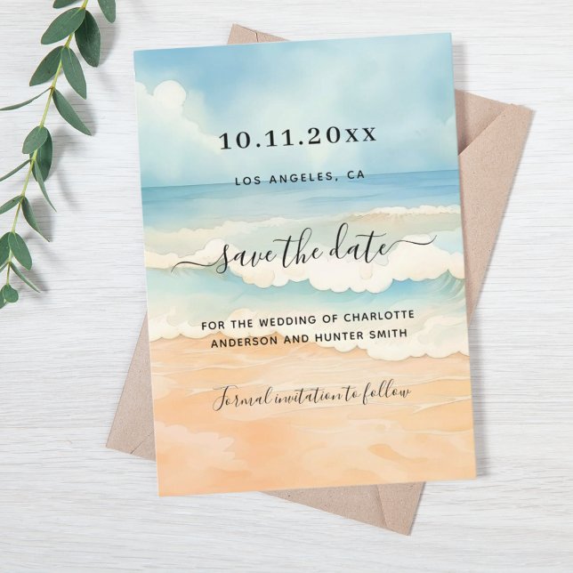 Beach waves watercolored wedding save the date (Creator Uploaded)
