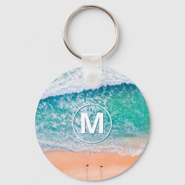 Beach Waves, White Monogram in Circle Keychain (Front)