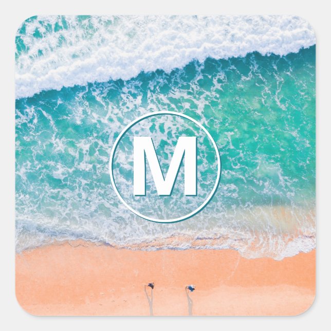 Beach Waves, White Monogram in Circle Square Sticker (Front)