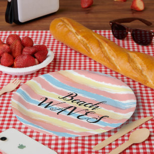 Beach Waves Yellow Pink Blue Watercolor Paper Plate