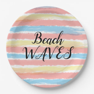 Beach Waves Yellow Pink Blue Watercolor Paper Plate