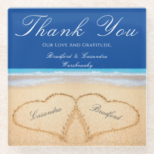 Beach Wedding 2 Hearts in the Sand Wedding Glass Coaster