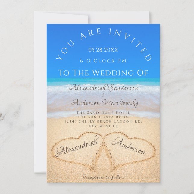 Beach Wedding 2 Hearts in the Sand  Wedding   Invitation (Front)