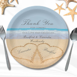 Beach Wedding 2 Hearts in the Sand Wedding Paper Paper Plate