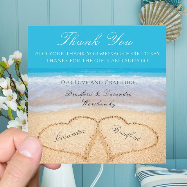 Beach Wedding 2 Hearts in the Sand  Wedding  Thank You Card (Creator Uploaded)