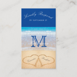 Beach Wedding 2 Hearts Sand Dark Blue RSVP Enclos Enclosure Card