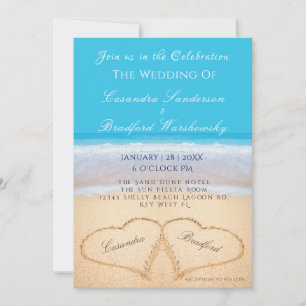 Beach Wedding 2 Hearts Sand Wedding Ocean Blue Invitation