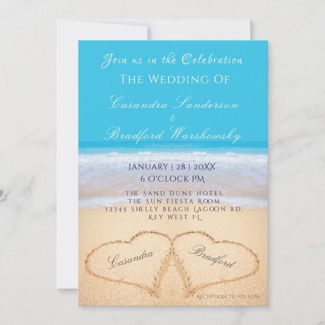 Beach Wedding 2 Hearts Sand Wedding Ocean Blue Invitation (Front)