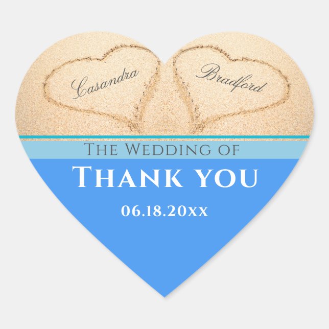 Beach Wedding 2 Hearts Sand  Wedding  Thank You Heart Sticker (Front)