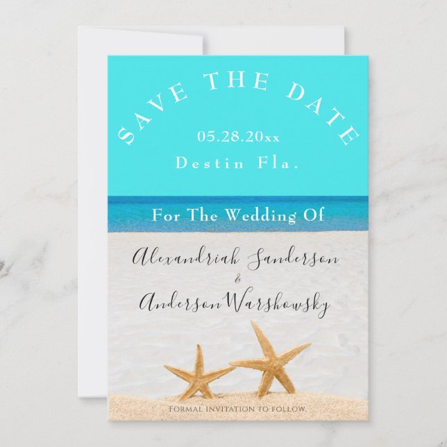 Beach Wedding 2 Starfish in Sand Save the Date Inv Invitation (Front)