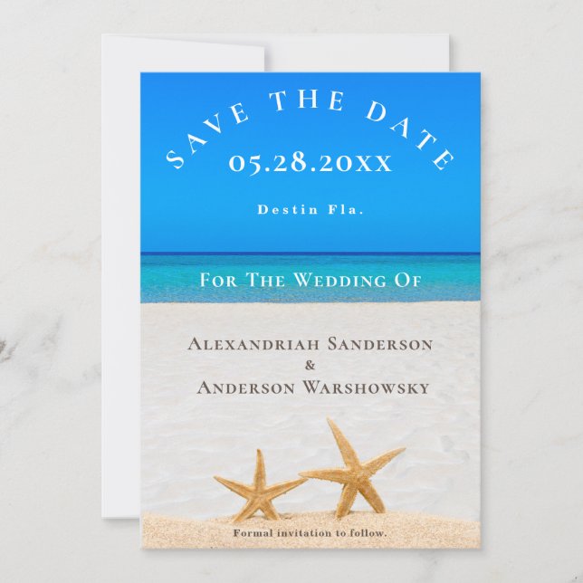 Beach Wedding 2 Starfish in Sand  Save the Date Invitation (Front)