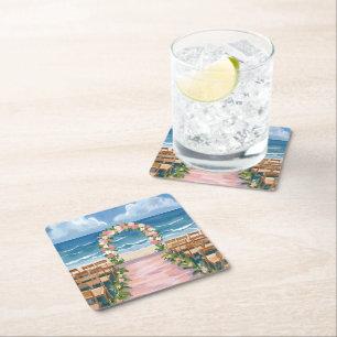 Beach Wedding Aisle Floral Watercolor Square Paper Coaster