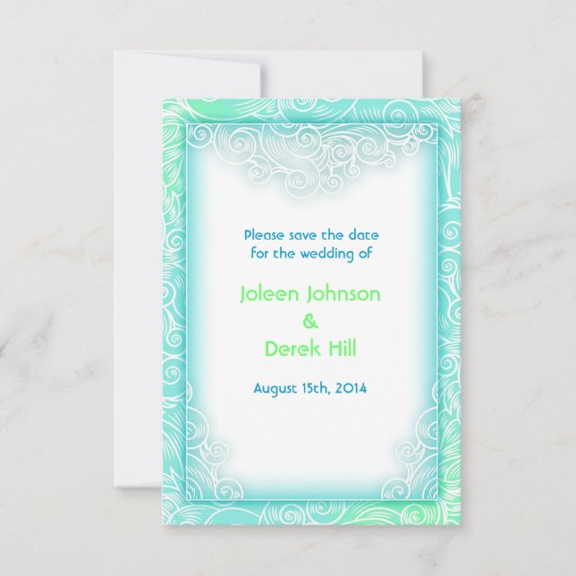 Beach Wedding Aqua and White Save the Date (Front)
