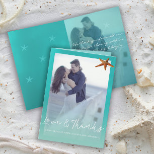 Beach wedding aqua blue starfish thank you photo