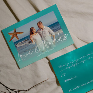 Beach wedding aqua blue starfish thank you photo card