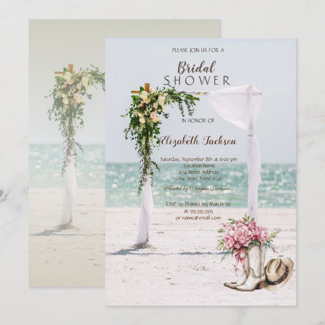 Beach Wedding Arbor Cowgirl Boots Bridal Shower Invitation (Front/Back)