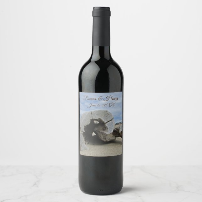 Beach Wedding Beautiful Driftwood Photo Ocean Wine Label (Front)